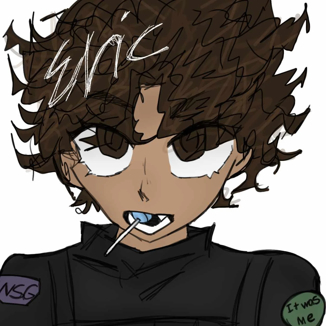 Drawing of a young person with messy brown hair, large intense eyes, and a lollipop in their mouth, wearing a black shirt with patches on the sleeves. The speech bubble says 'BYE!!' and there is a green badge that says 'IT WAS ME' on the shirt.