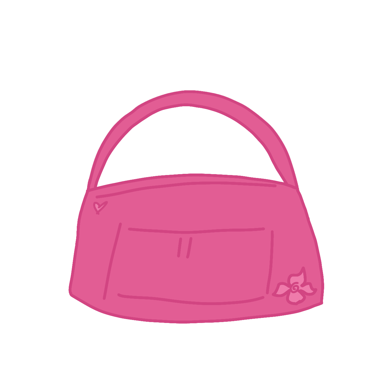 Pink handbag with a small heart and flower design on the front.