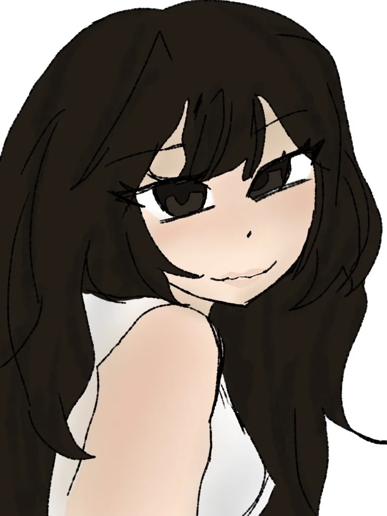 A digital drawing of a girl with long dark hair, big eyes, and a subtle smile, looking sideways.
