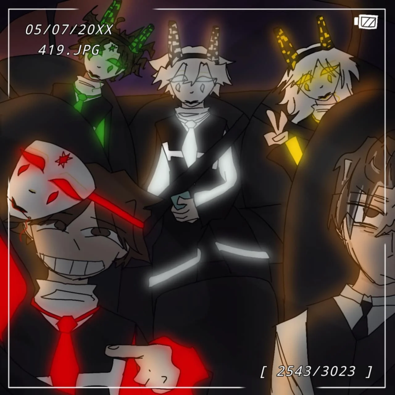 A digital drawing of six anime-style characters with horns and devil-like features dressed in black and white suits, some with glowing accents in red, green, yellow, or white, posing in a dark environment, resembling a photo taken with a camera.