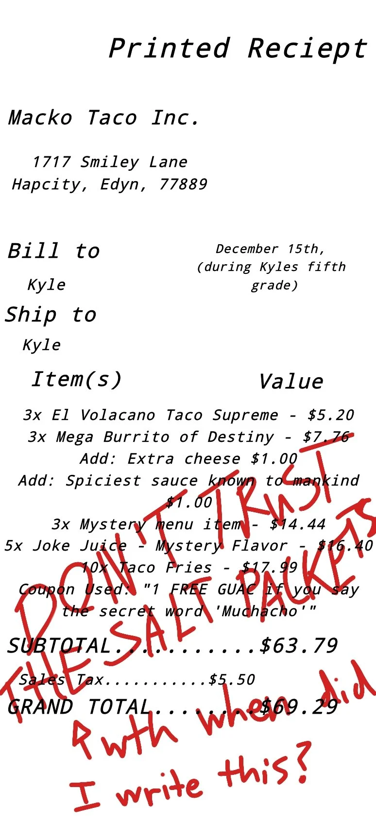 Kyle's Macko Taco inc. receipt from december 15th