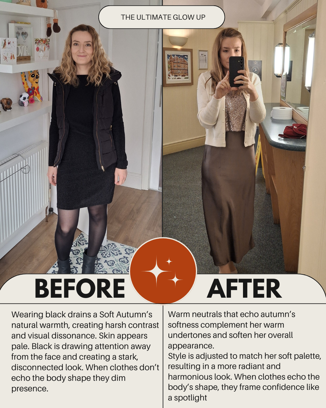 Witness how the harmonising colour can completely change one’s appearance - the difference is striking. This gallery shows more than a wardrobe shift—it reveals how wearing your true colours creates harmony between complexion, hair, and eyes. The res