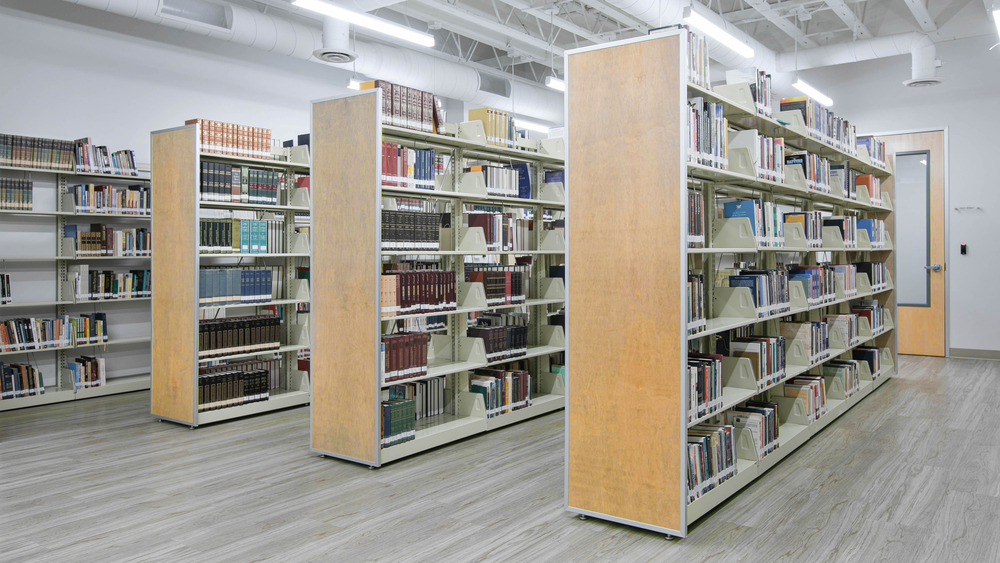 Rows of bookshelves in the CBI Library