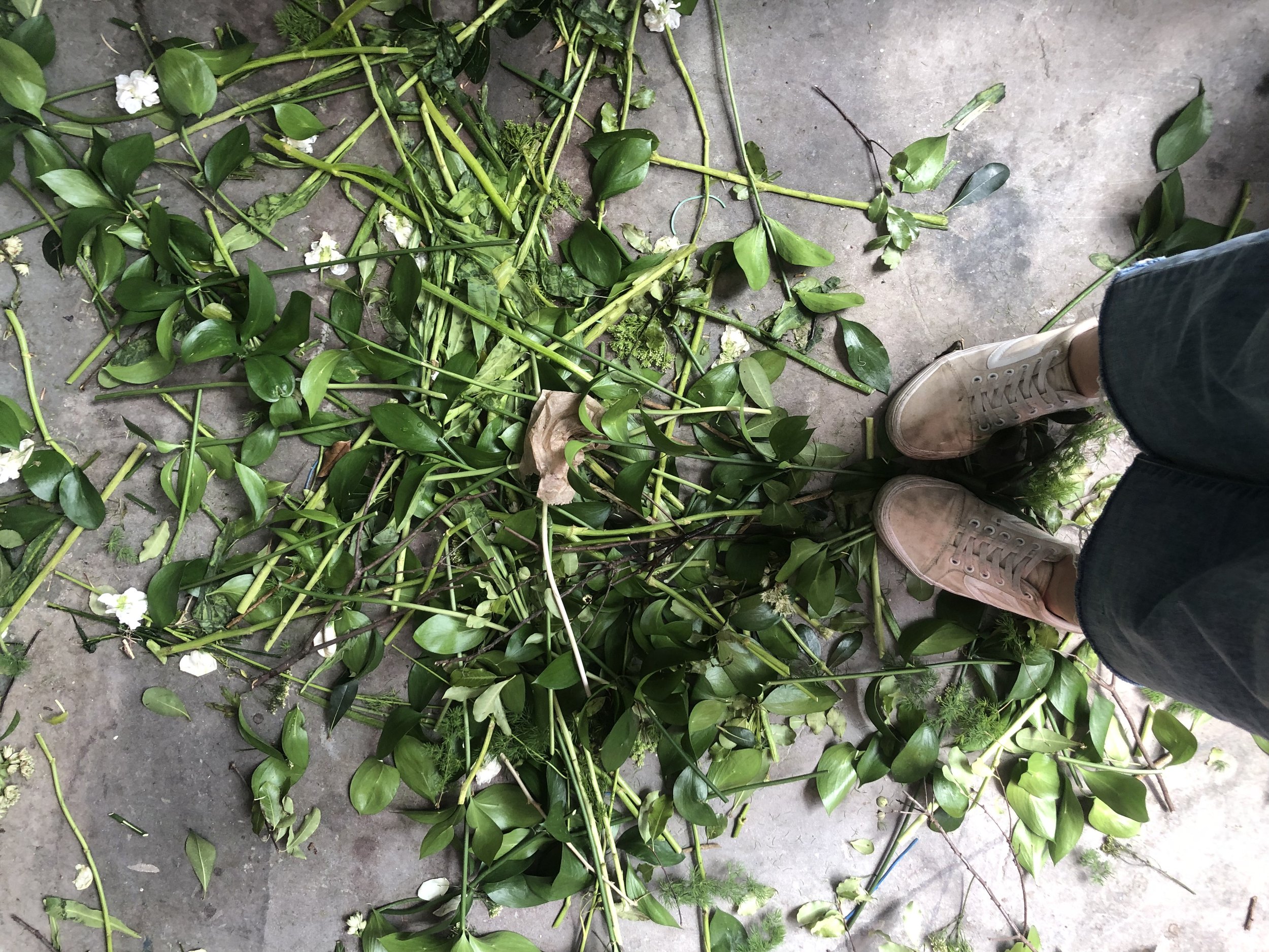 A person standing on a concrete floor wearing beige sneakers and dark jeans, looking at a large pile of cut green plant stems with leaves and white flowers scattered around.