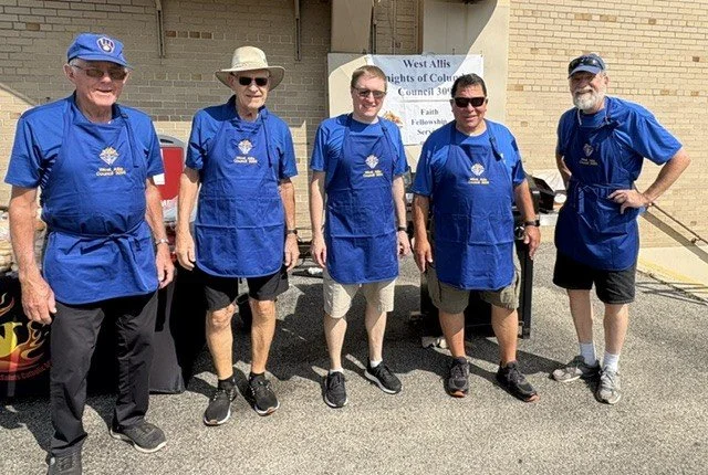 Our grilling team at Mary Queen of Saints start of school picnic - Jerry Falk & Dale Lachacz & Nate Meyer & Ed Rivard & Rob Grosch