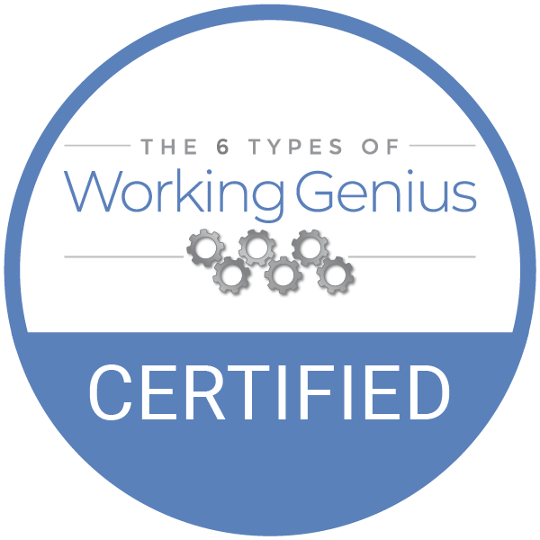 A circular badge with a blue border and background, featuring text that reads "The 6 Types of Working Genius" and "Certified," with related gear icons in the center.