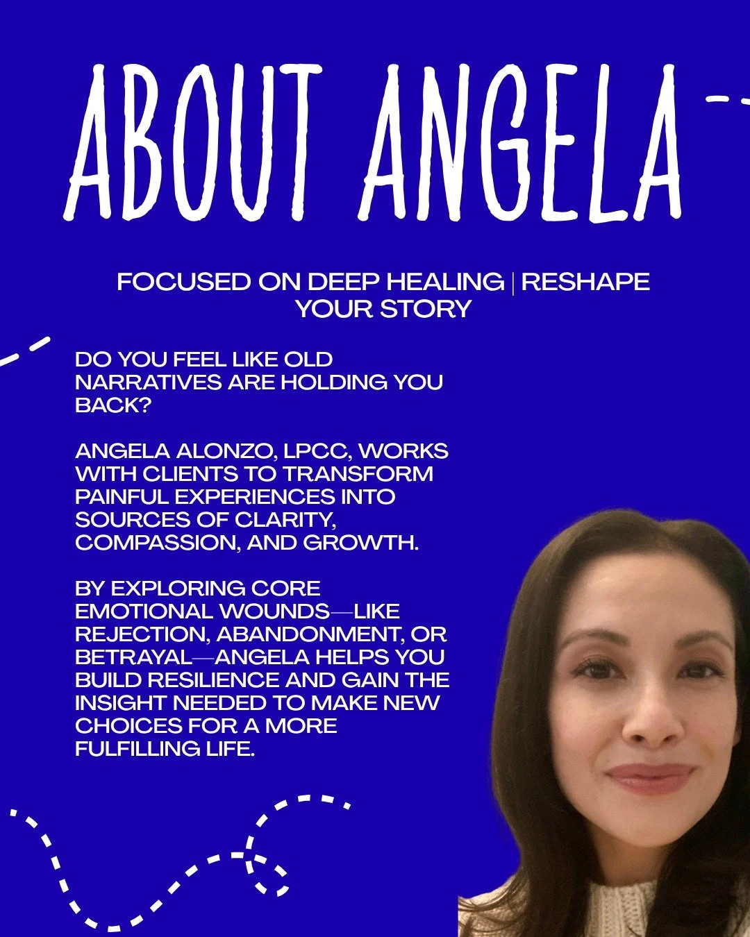 Meaningful change begins within. 

Angela believes that every person holds the capacity to grow, heal, and thrive. Her approach is person-centered and solution-focused, creating a space where you can show up fully as yourself to explore what matters 
