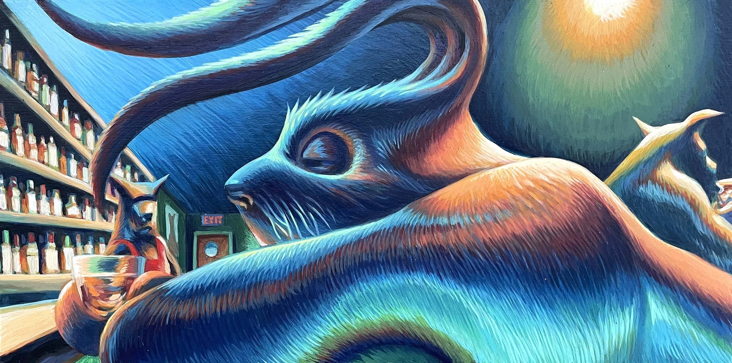 Colorful mural of a feline with elongated whiskers sitting at a bar, holding a glass, with shelves of bottles in the background and a glowing sun in the sky.