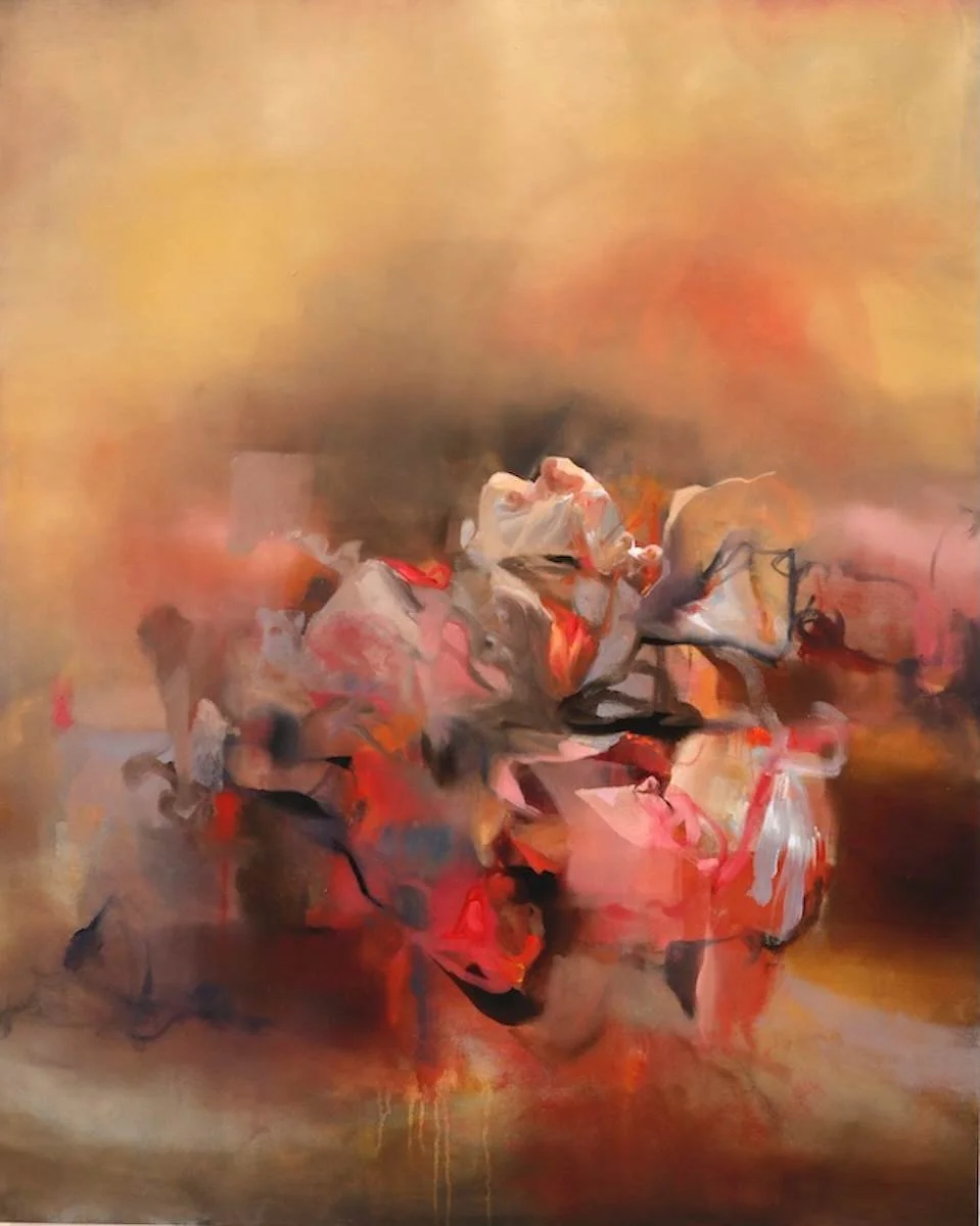 Abstract floral painting with pink, red, white, and black colors against a warm background