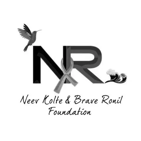 Logo for Neer Kolte & Brave Ronil Foundation featuring a hummingbird to the left of the 'N', a ribbon forming part of the 'R', and stylized waves to the right of the 'R'.