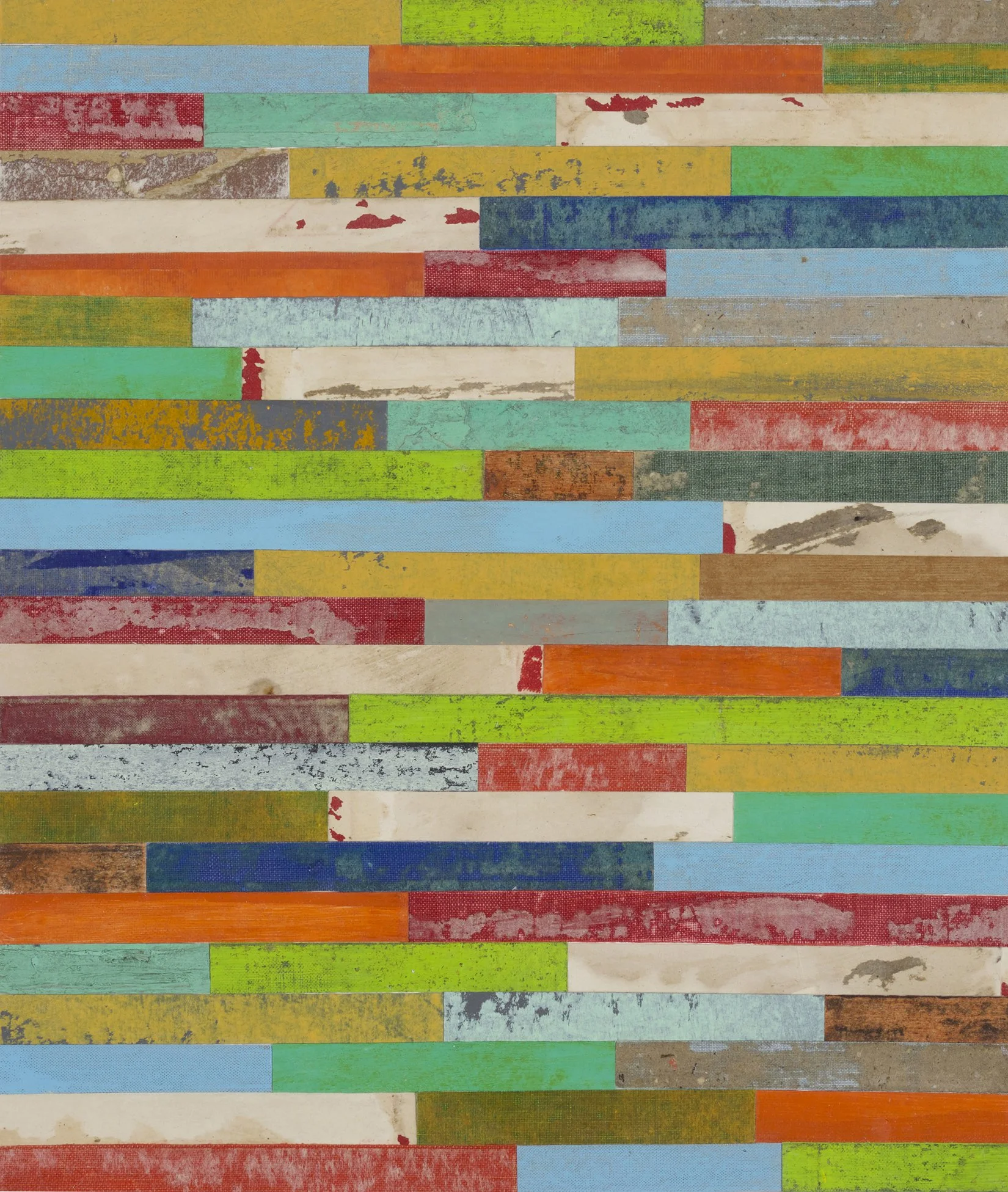 Colorful abstract artwork composed of horizontal strips in various shades of blue, green, orange, red, yellow, brown, and beige, some with distressed and textured appearances.