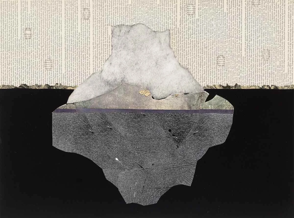 Mixed-media collage art with torn newspaper and textured paper, forming a shape resembling an iceberg floating in dark water.