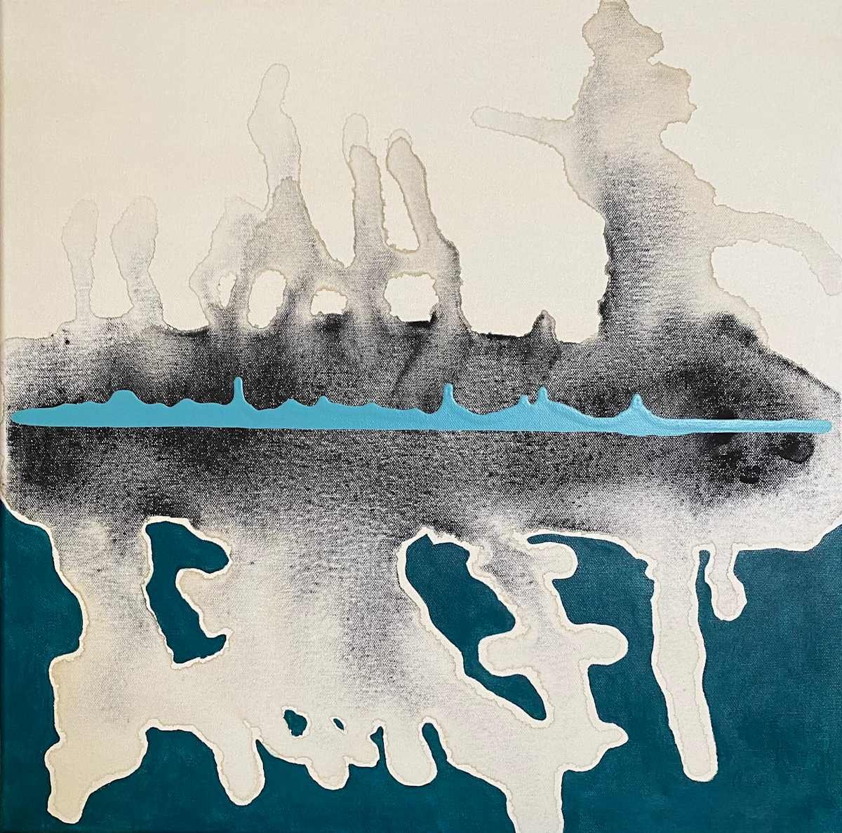 Abstract art depicting a mountain landscape reflected in water with blue accents.