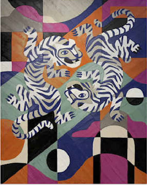 Colorful abstract painting of three zebras surrounded by various geometric shapes and patterns.