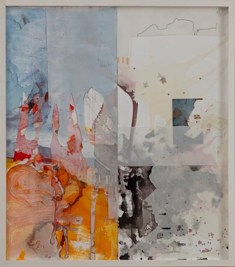 Abstract mixed media artwork with splashes of red, orange, black, gray, and light blue, featuring layered textures and various shapes.