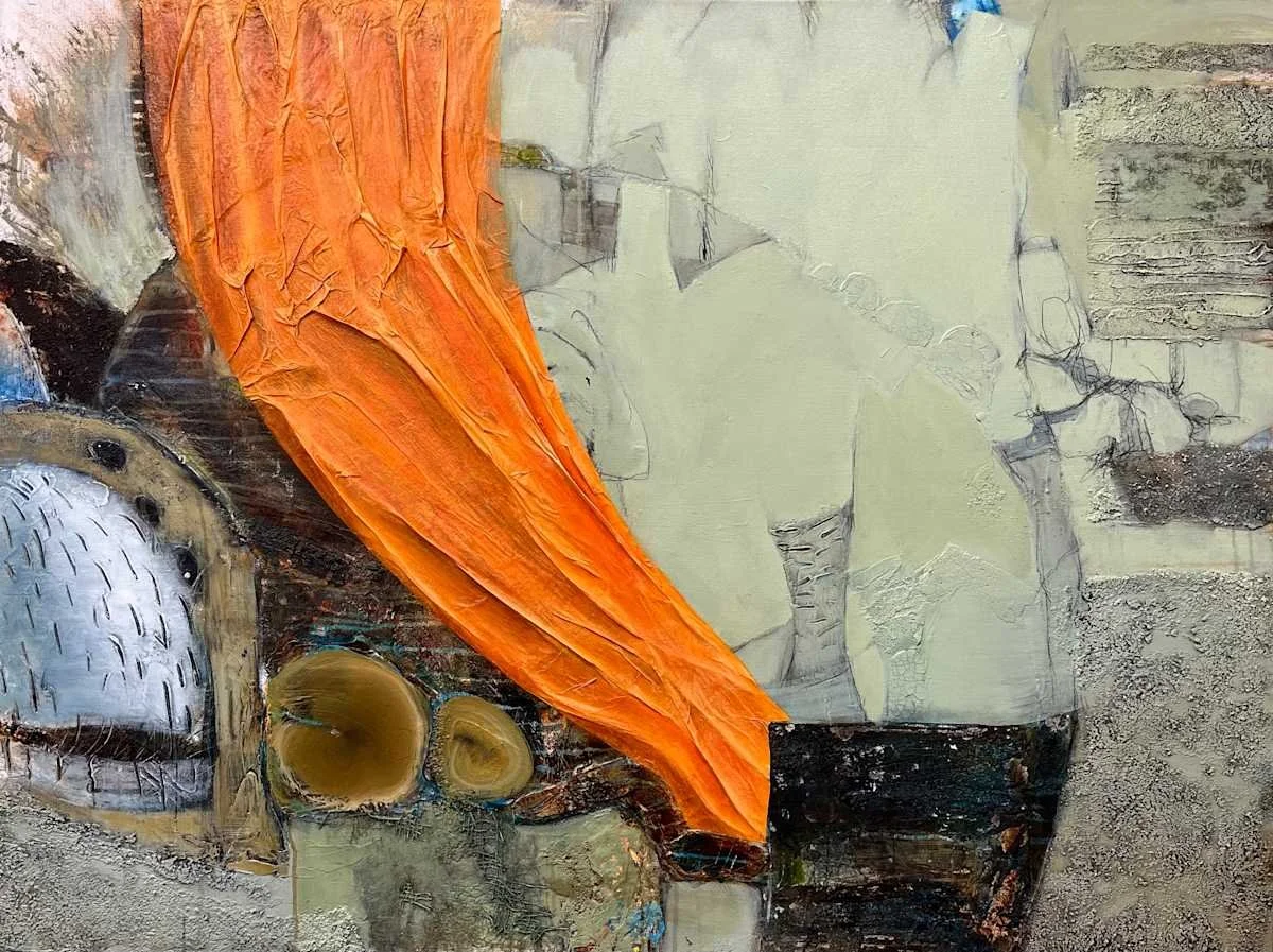 Abstract mixed media artwork with textured surfaces, including a prominent large orange shape, metallic elements, and various muted earth tones.