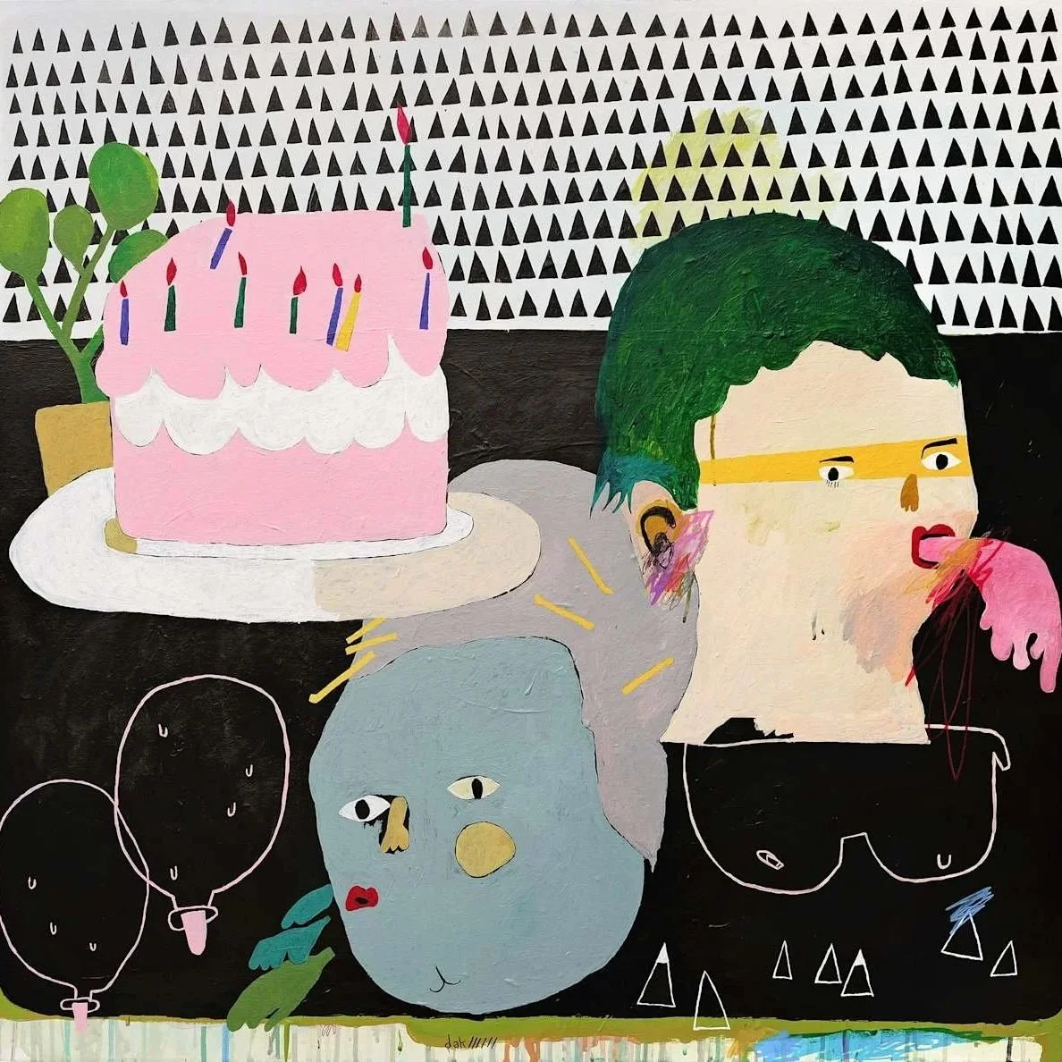 An abstract painting featuring a pink birthday cake with candles, a girl with green hair and yellow glasses, a blue bird with human features, and black balloons with dripping details. The background has a patterned black-and-white design.
