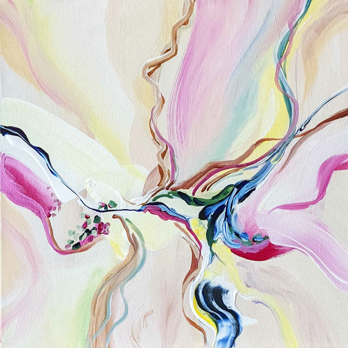 Abstract painting with flowing lines and pastel colors including pink, yellow, blue, green, and brown.