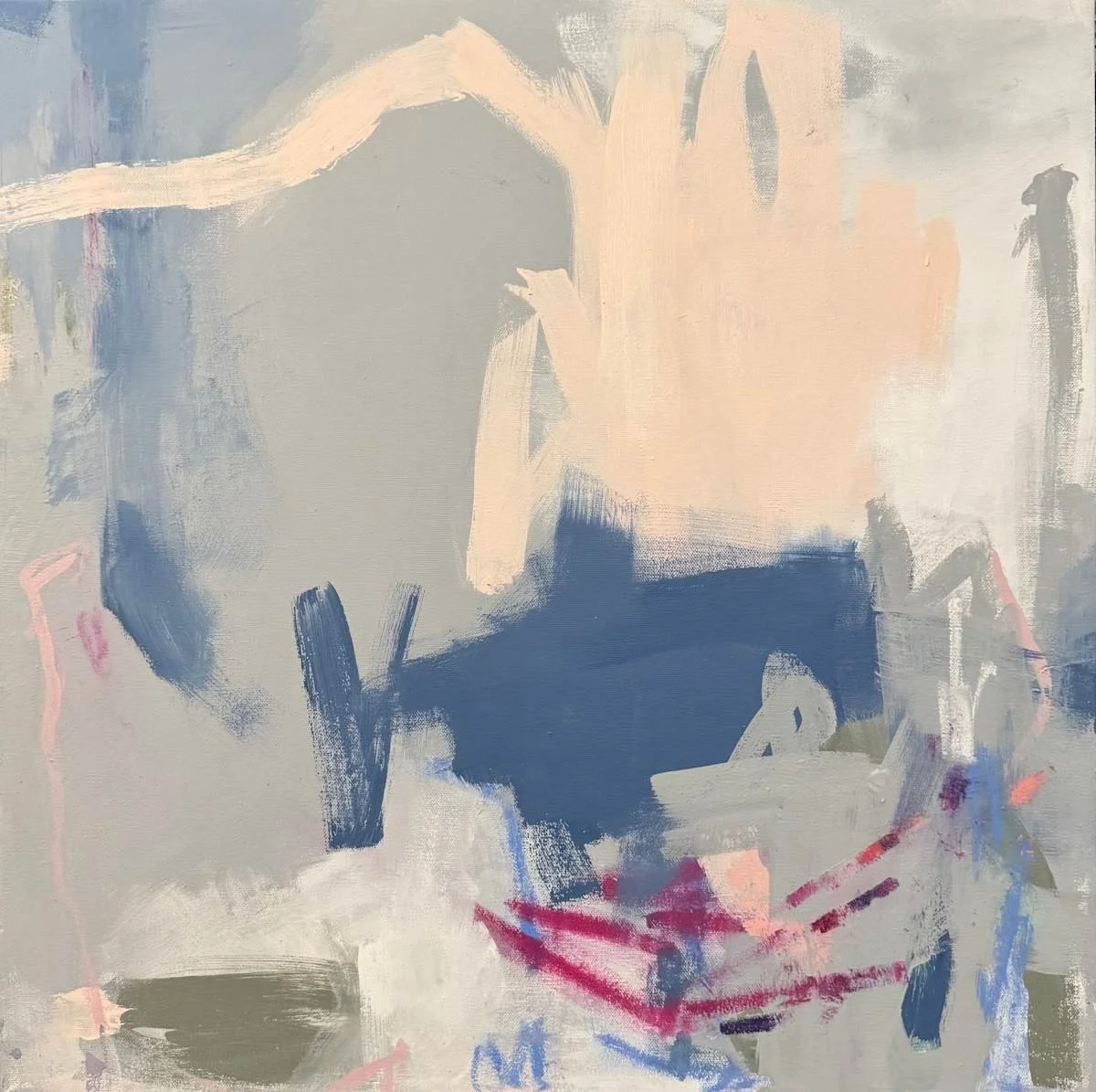 Abstract painting with broad brushstrokes in shades of blue, pink, beige, and gray.