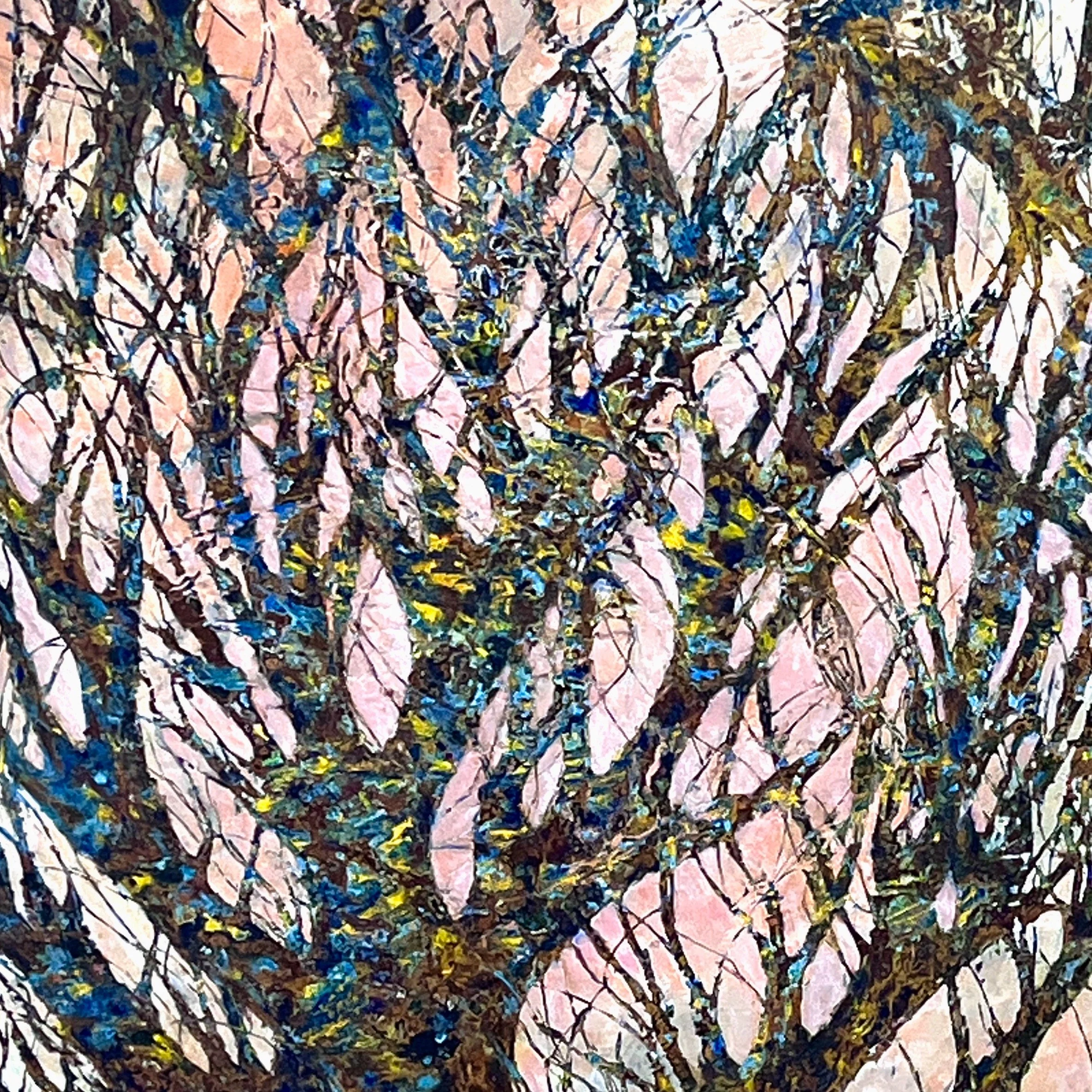 Abstract painting of tree branches with pink leaves, blue and yellow highlights.