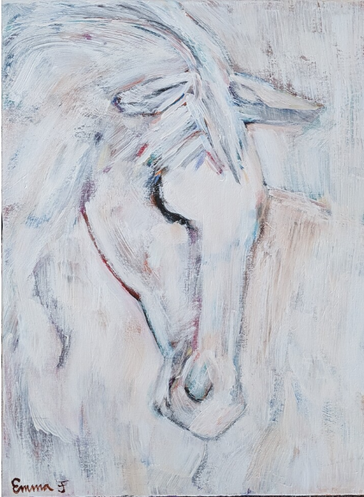 An impressionistic painting of a white horse with a black eye patch, painted with soft brushstrokes and light colors.