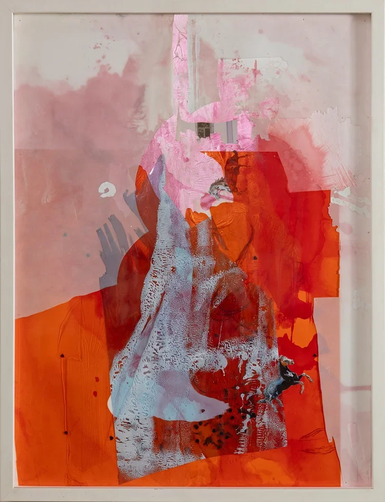 Abstract artwork with shades of pink, orange, and gray, featuring layered textures and shapes, with some areas resembling a distorted face or figure.