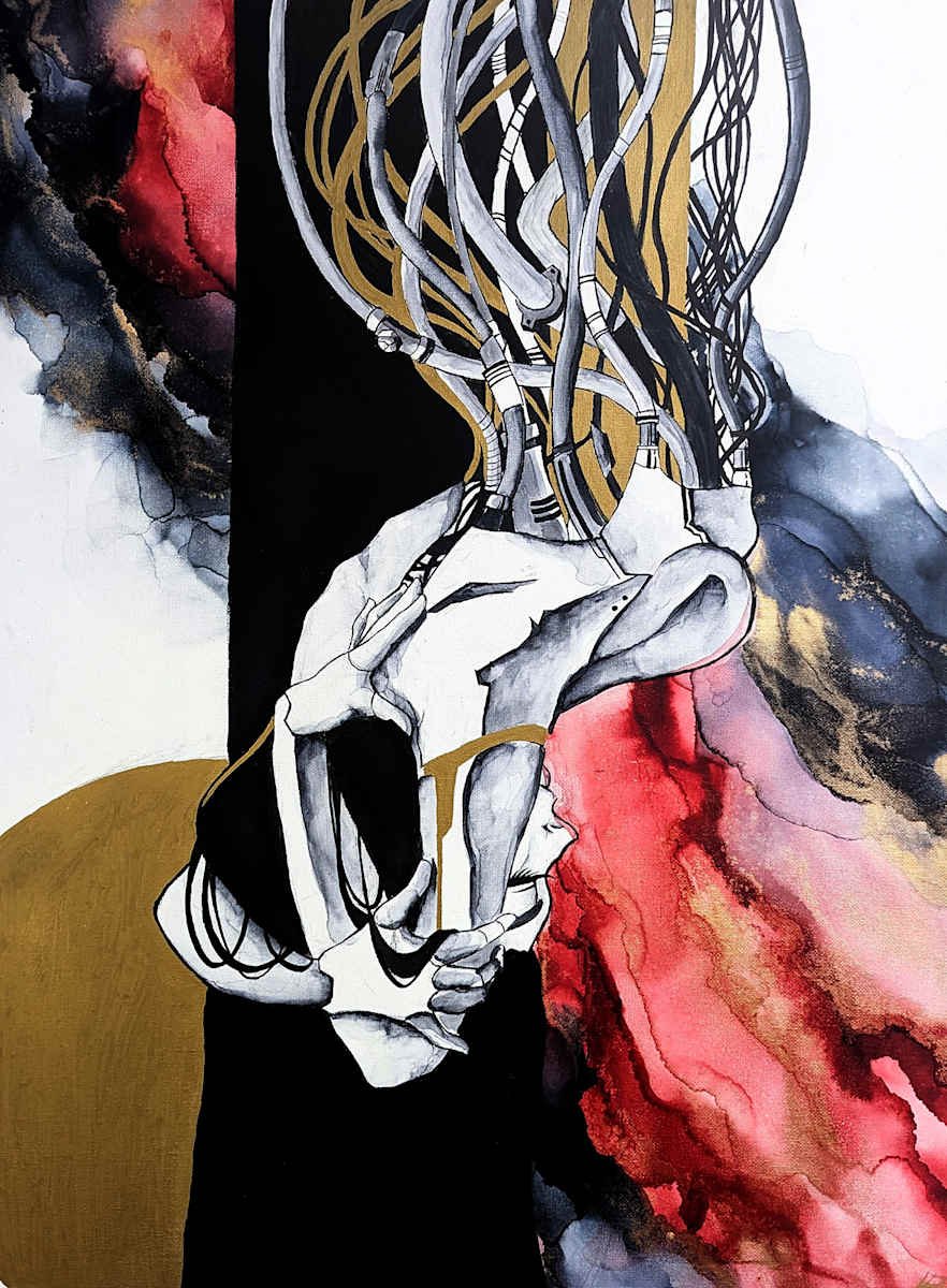 An abstract painting of a human face with mechanical elements, wires, and circuit-like patterns, blending black, white, red, black, and gold watercolor washes.