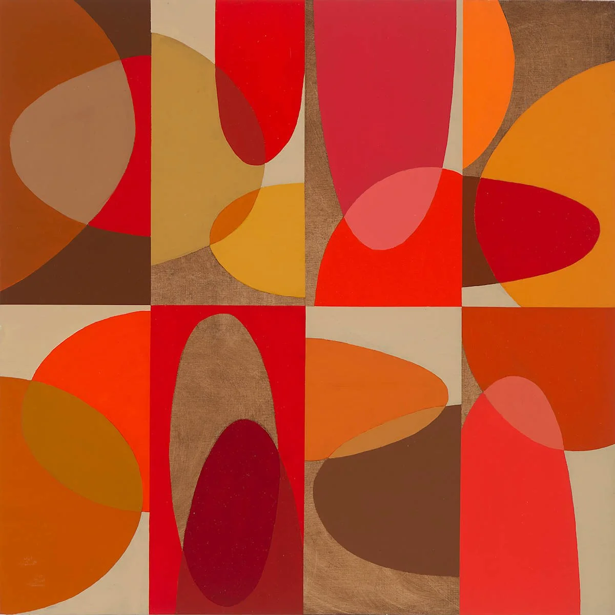 Abstract geometric artwork with overlapping shapes in shades of red, orange, yellow, beige, and brown, arranged in a grid pattern.