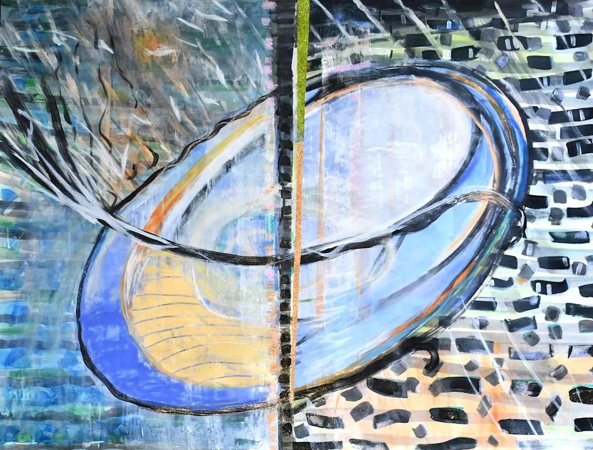 A painting of a cup on a colorful background with abstract patterns, divided into two halves with different artistic styles.