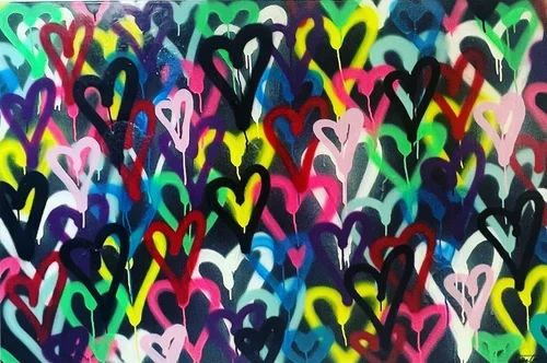 Colorful spray-painted hearts on a wall in various colors including black, white, red, yellow, pink, purple, and green.