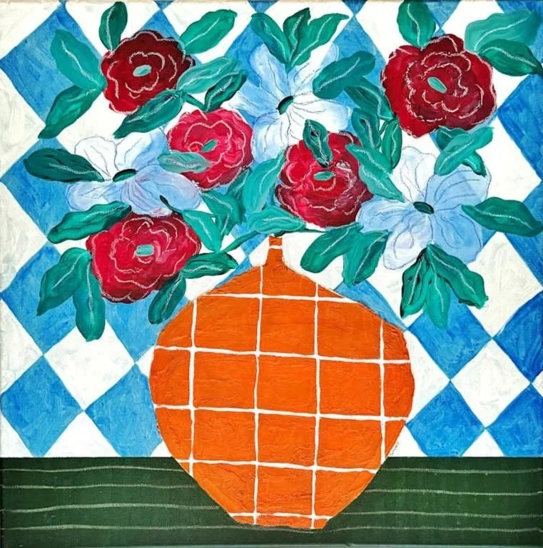 Painting of a bouquet of flowers, including red and white blooms with green leaves, arranged in an orange vase on a green surface with a blue and white checkered background.