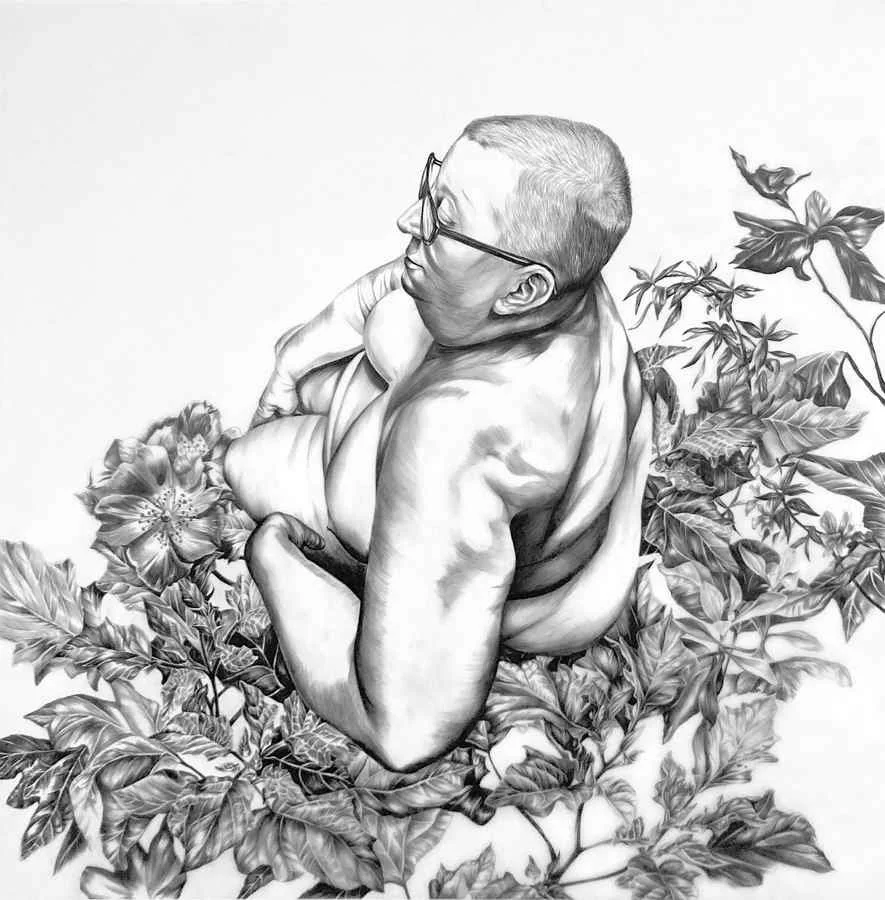 Black and white drawing of a person with glasses and short hair sitting surrounded by large plants and flowers.