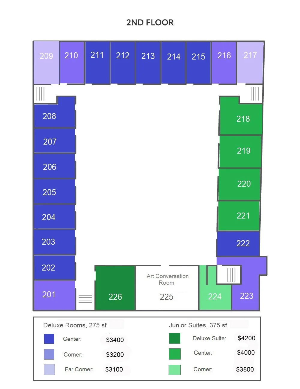 Second-floor seating map with room numbers color-coded by room type: blue for deluxe rooms, purple for corner rooms, light purple for far corner rooms, green for junior suites, and light green for deluxe suites, with prices listed.