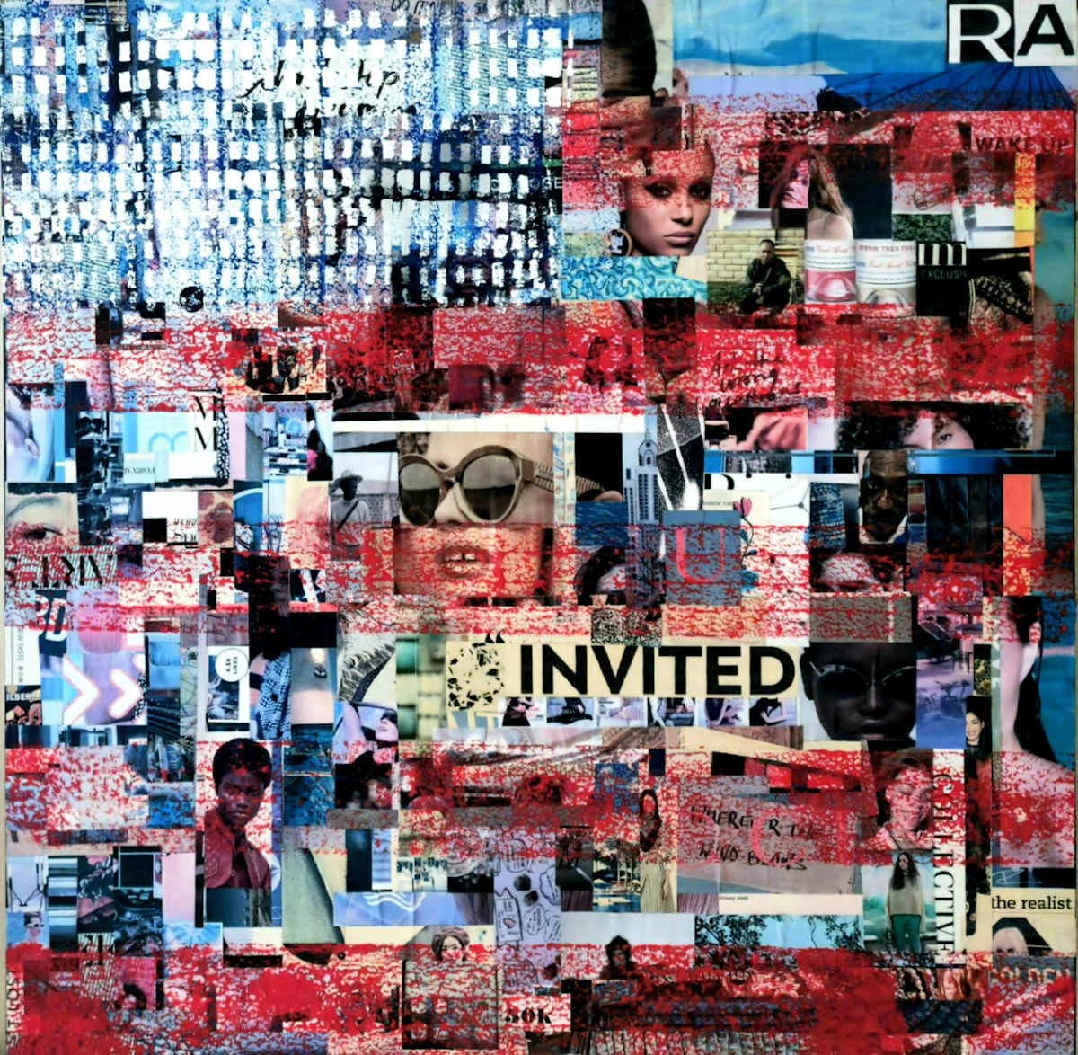 A collage of various overlapping images, including people, cityscapes, and text, with a prominent red, blue, and black color scheme.