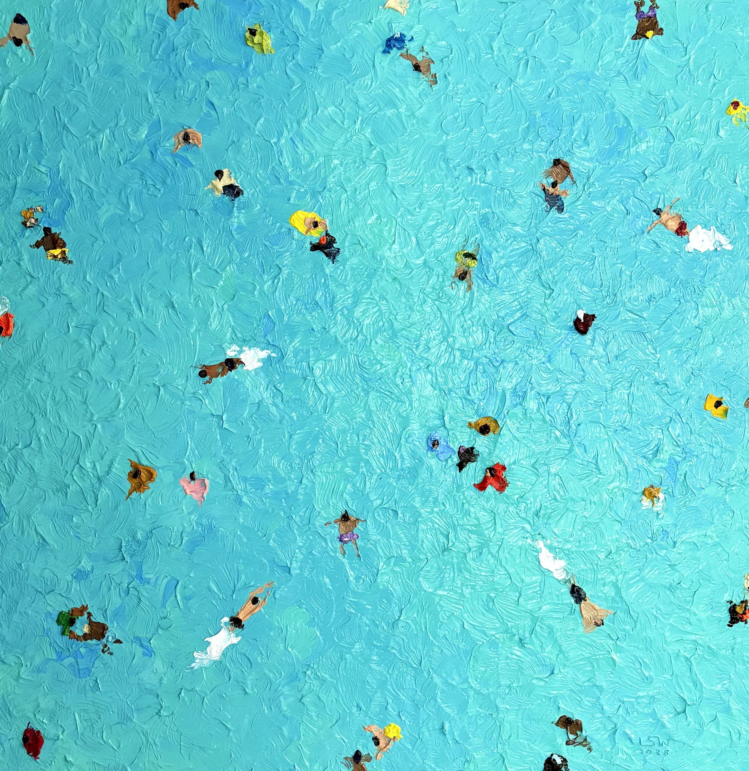 A painting of numerous people swimming in a blue water pool, viewed from above. The swimmers are in various colorful swimsuits and appear to be moving in different directions.