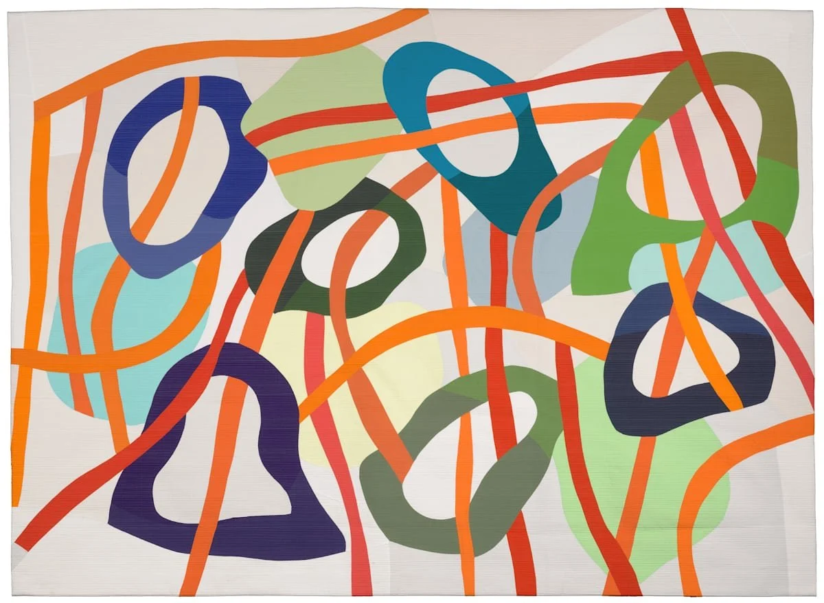 Abstract art with intertwined orange, blue, green, and black lines over a white background.