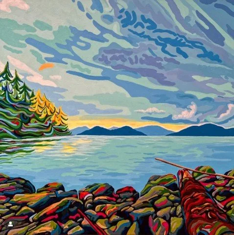 Painted landscape of a lake with clouds, distant mountains, a forest on the left, and rocks with a fishing rod in the foreground.