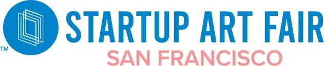 Logo for Startup Art Fair San Francisco featuring a blue circular icon with abstract book or paper design and the event name in blue and pink text.