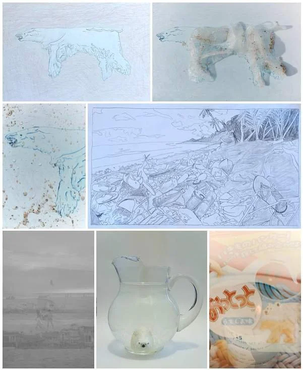 Collection of six images showcasing a crab, a sandy beach with debris, accumulation of trash, a landscape drawing of a beach with trees and the ocean, a foggy scene with a person walking near the water, a glass pitcher with a small ball inside, and a partially visible poster or sign.