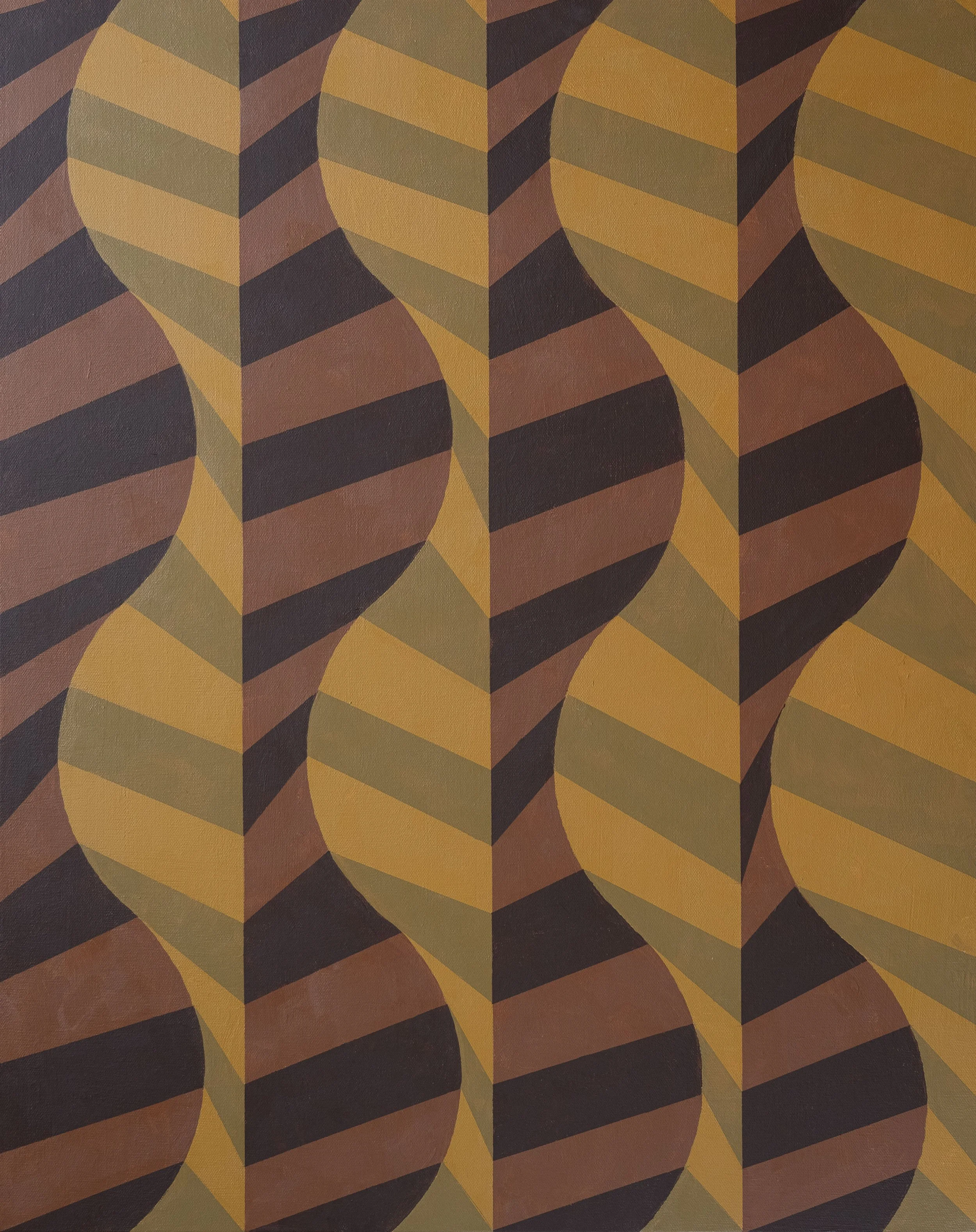 Close-up of a geometric patterned fabric with wavy shapes in brown, black, and yellow-green colors.