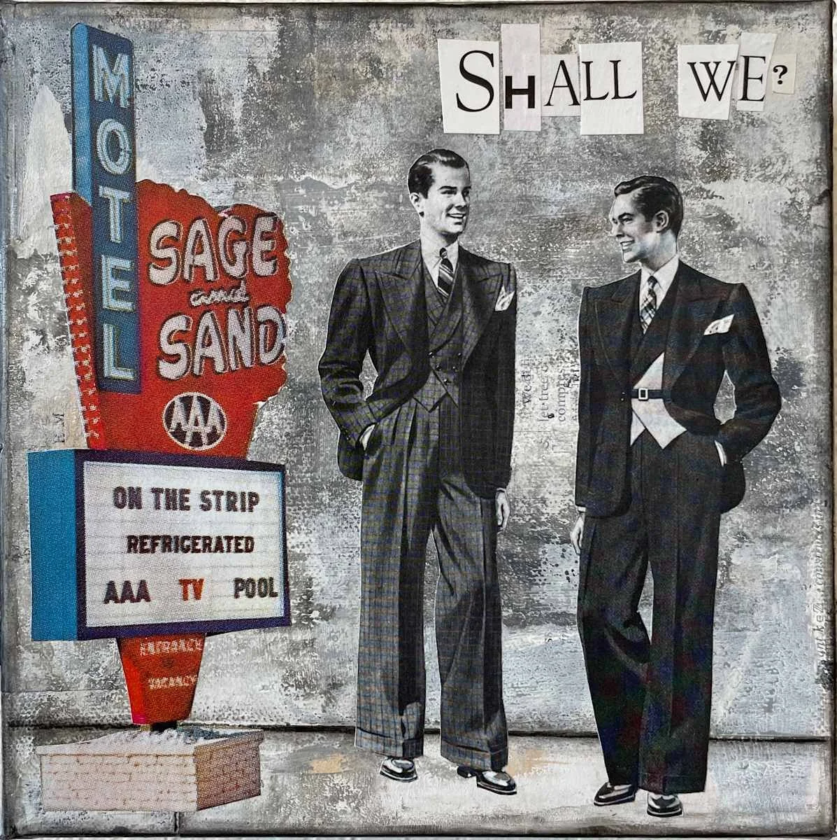 Street art collage featuring two vintage men in suits talking, a neon sign for an Italian restaurant called Moe's with a red and blue color scheme, and a menu board advertising food and drinks.