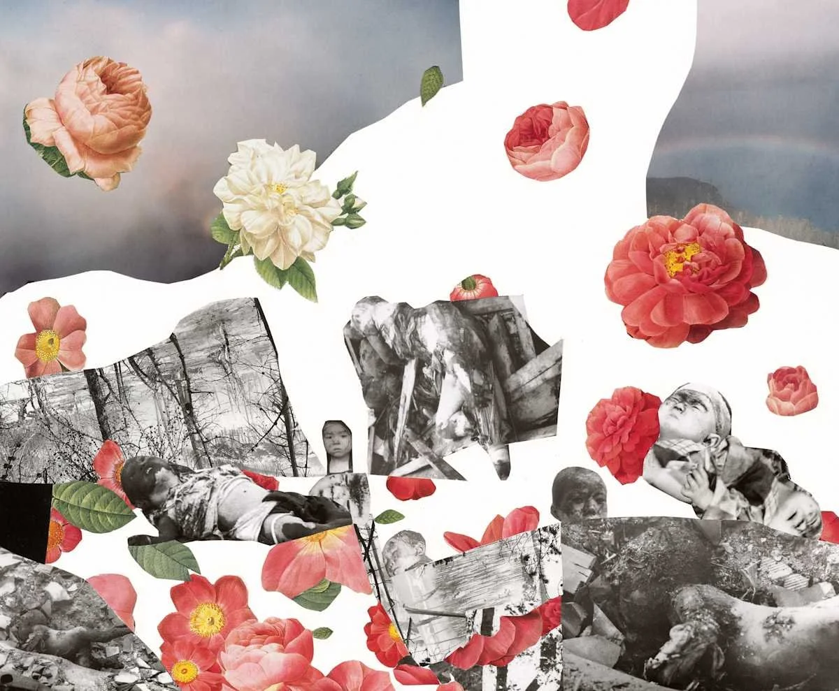 Collage of black and white photographs of children and outdoor scenes, overlaid with red, pink, and white flowers and green leaves, creating a surreal, layered composition.
