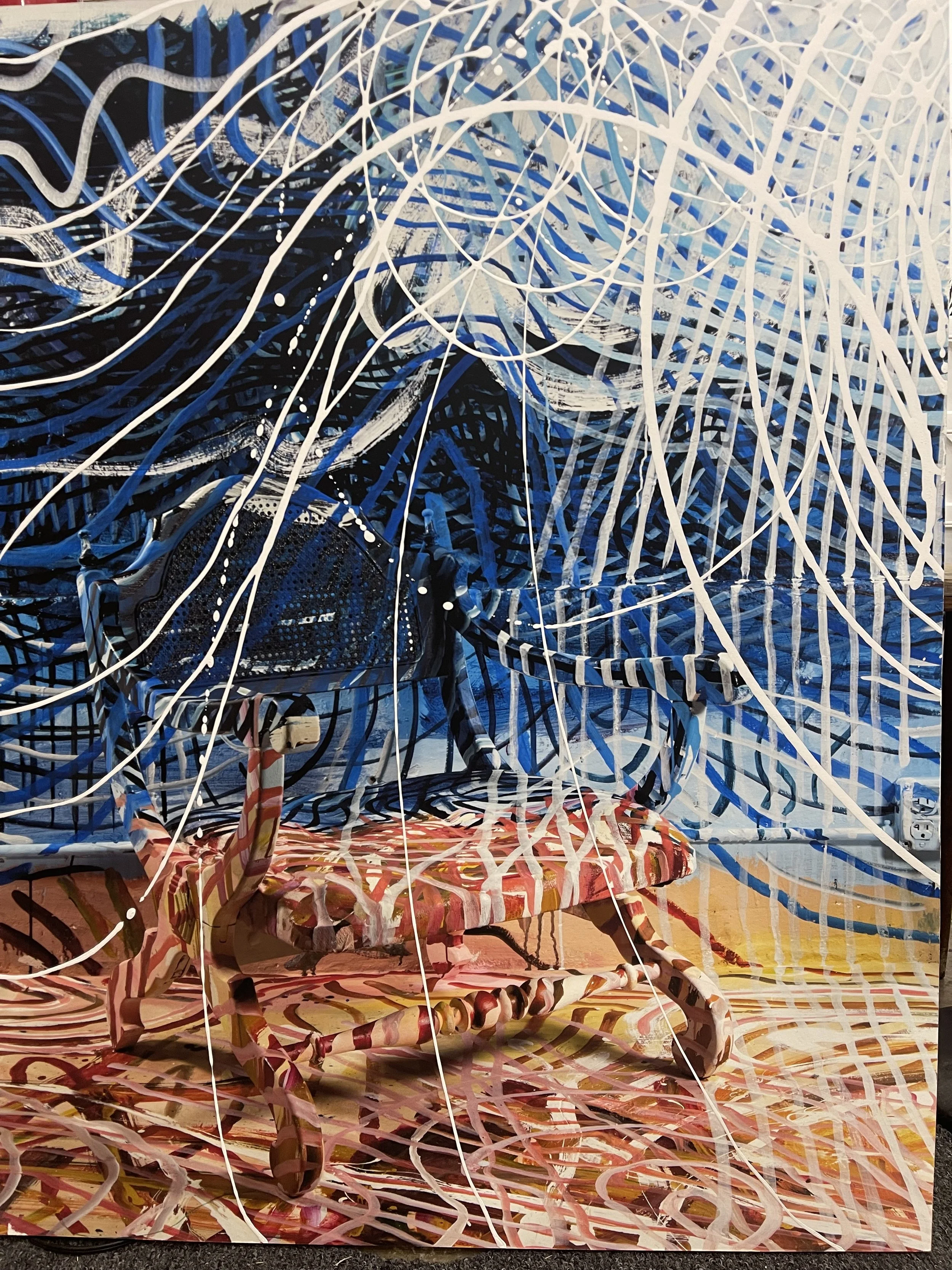 Colorful abstract painting with intertwining lines and shapes, featuring a striped animal figure on a patterned background.