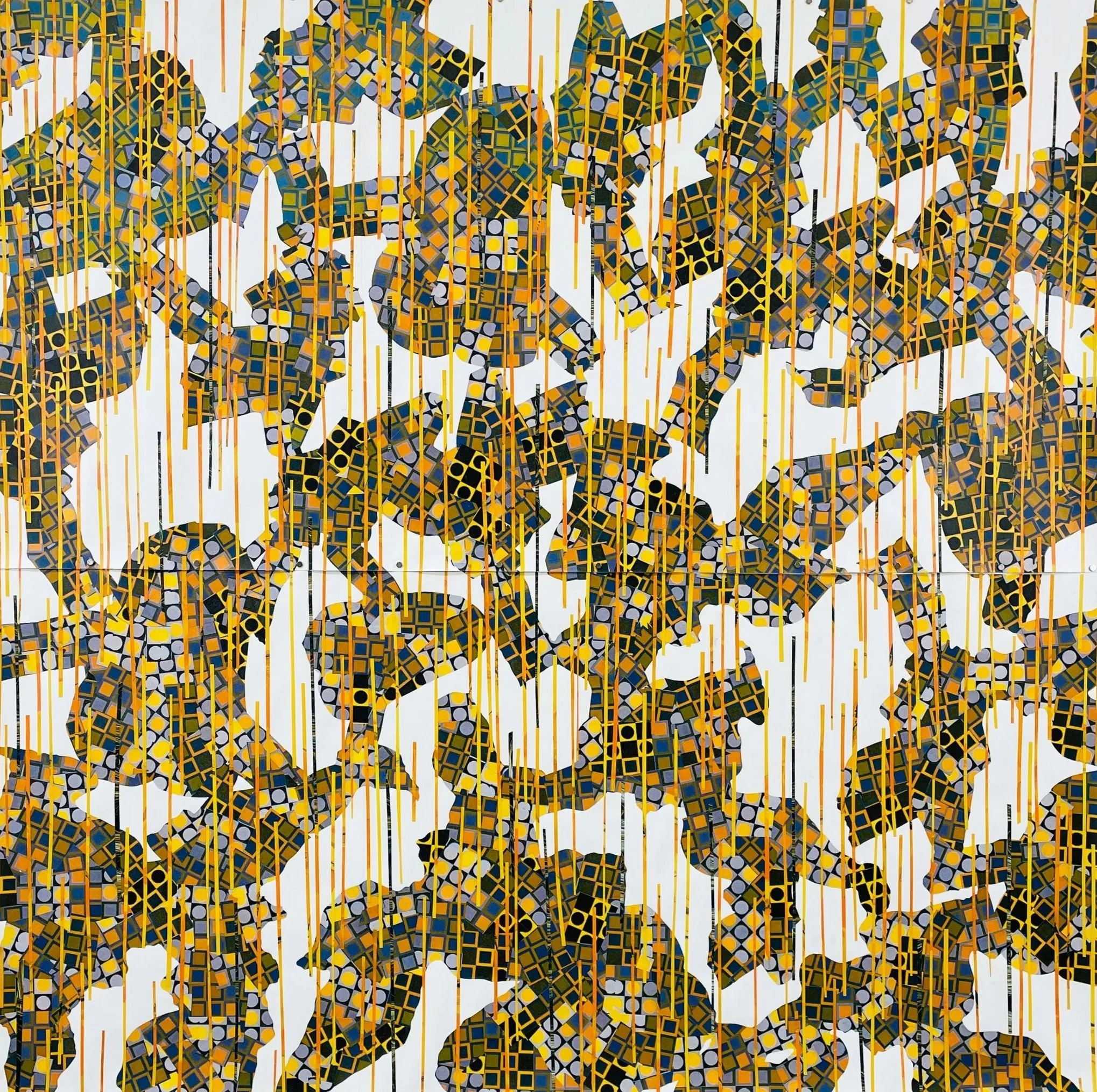 Abstract geometric artwork by Ray Beldner with overlapping shapes in black, yellow, gray, and white, featuring vertical yellow lines and irregular patterns.