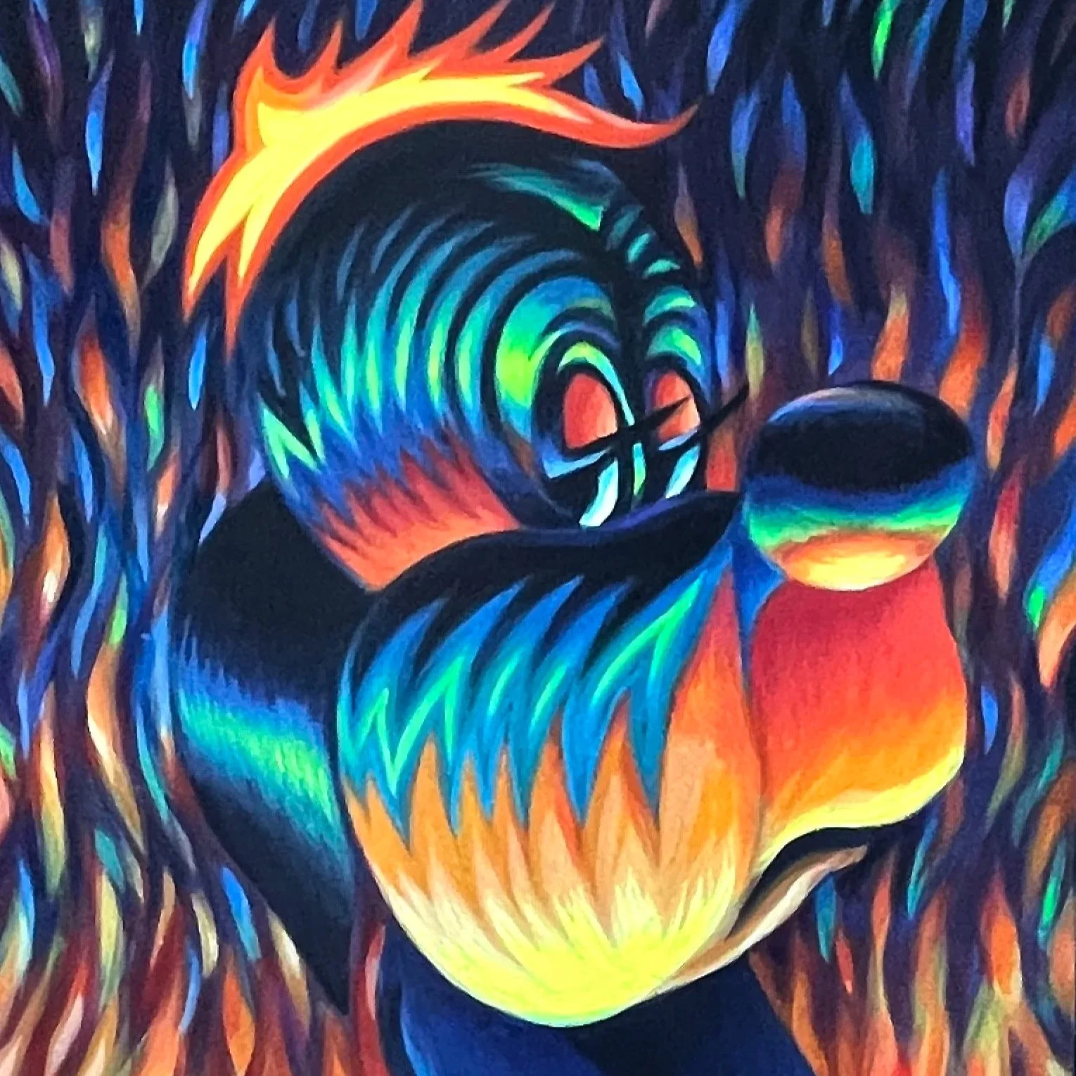 A colorful abstract painting featuring a fox hound with a swirling tail, surrounded by vibrant, fiery colors.