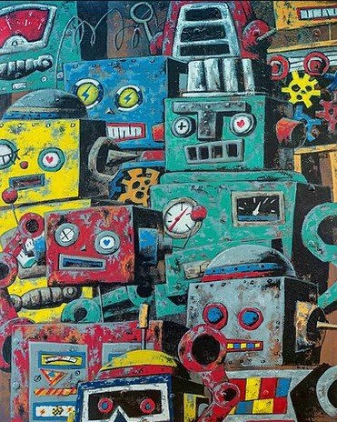 A colorful collection of vintage toy robots with various shapes, sizes, and expressions, displayed together.