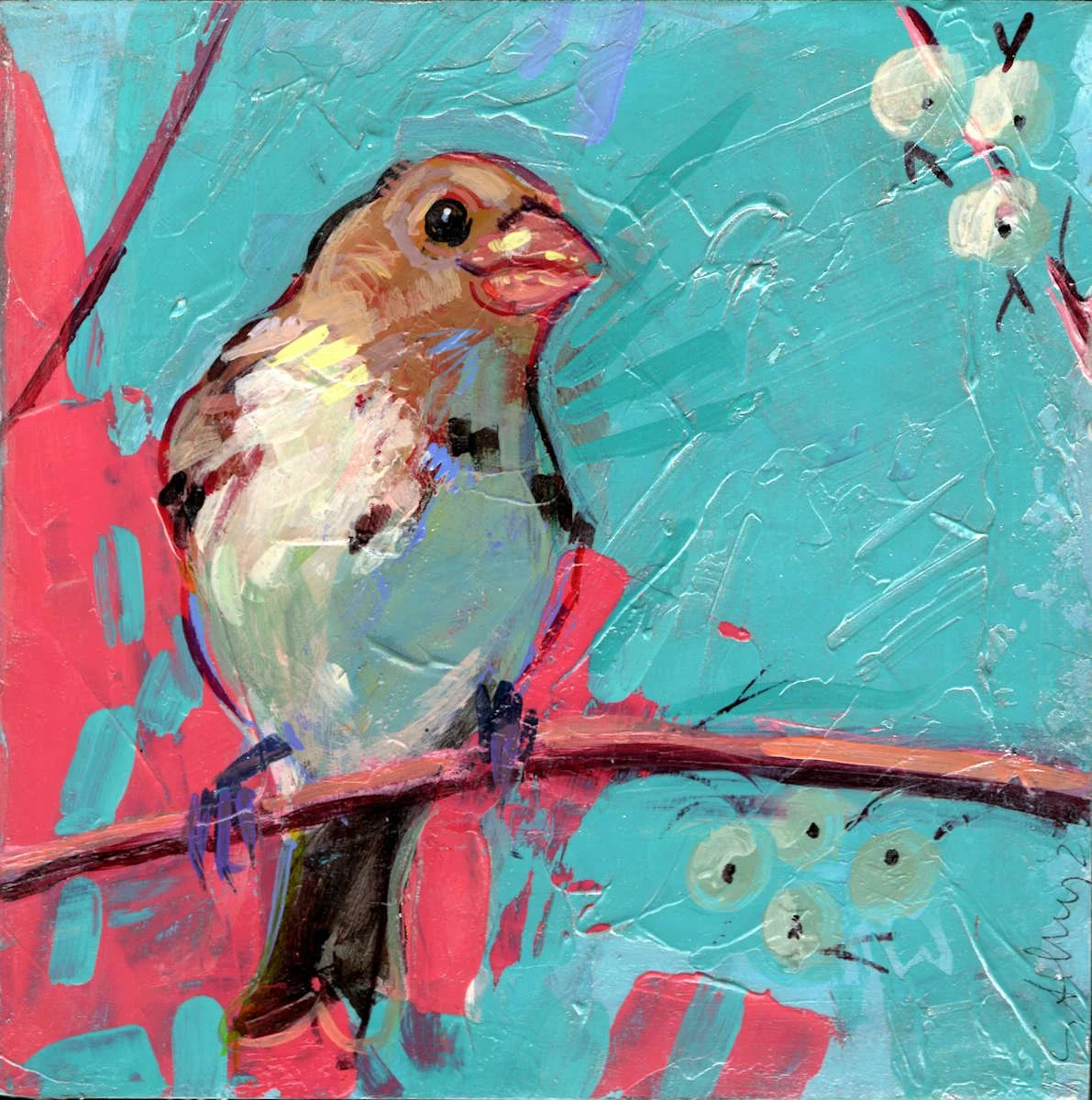 An abstract painting of a small bird with brown, white, and black feathers sitting on a branch against a blue background with red and white accents.