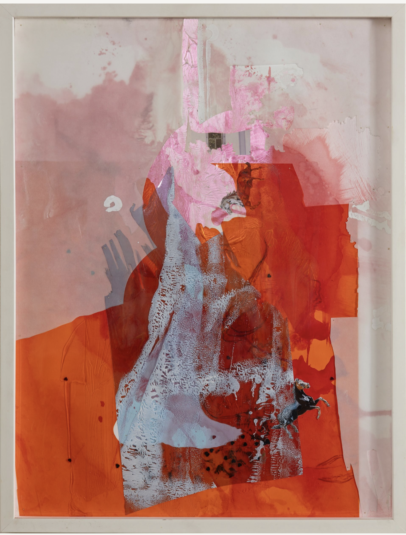 Abstract mixed media artwork featuring splashes of pink, orange, and red, with a textured gray element in the center. The composition includes various shapes and layers, creating a complex, expressive piece.