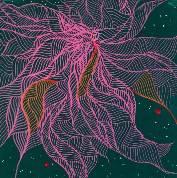 Illustration of pink and orange leaves with fine line details on a dark green background with small white dots and two red circles.