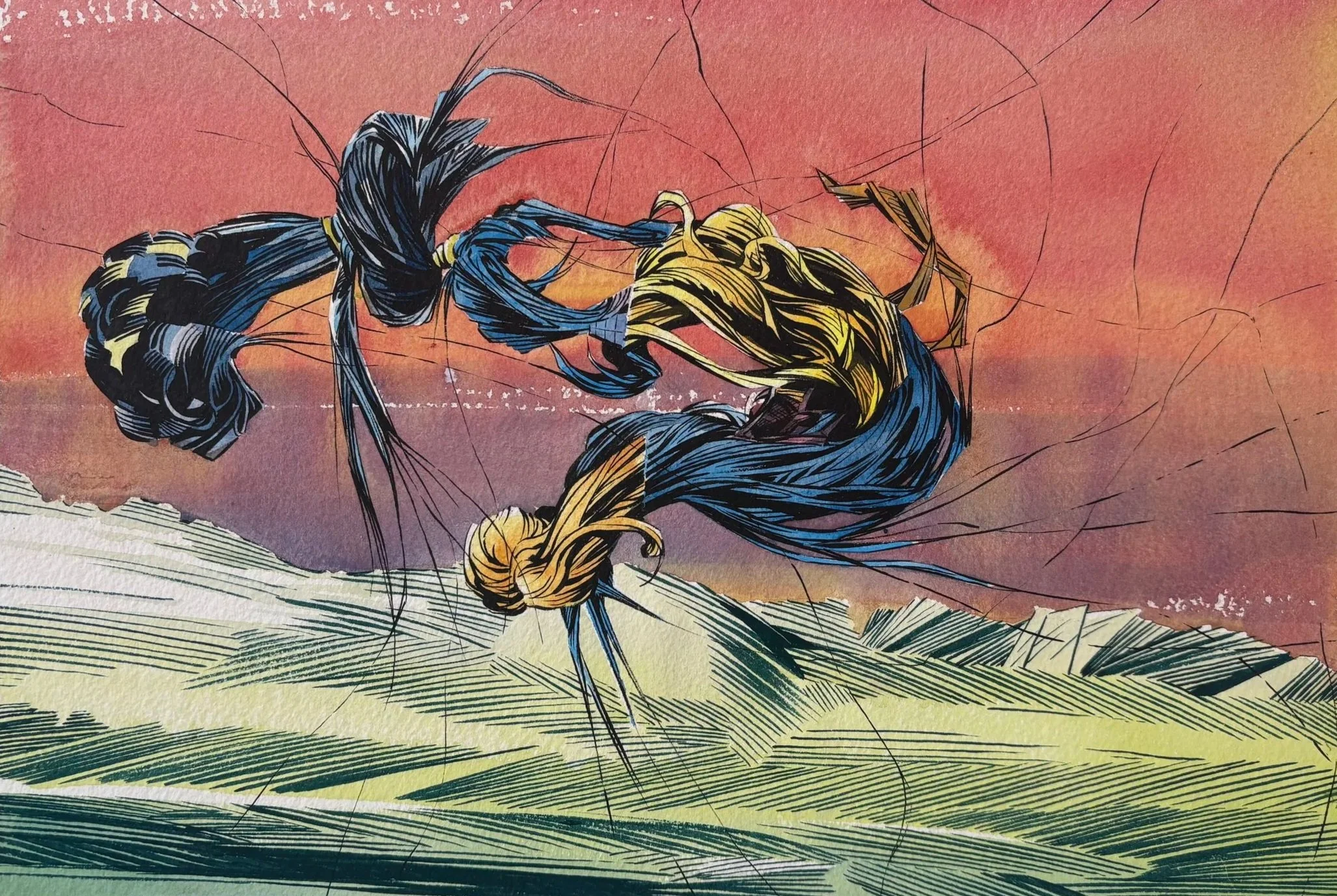 A dynamic comic-style illustration of two women falling, with long flowing hair and clothing, against a backdrop of a sunset sky and rolling hills.